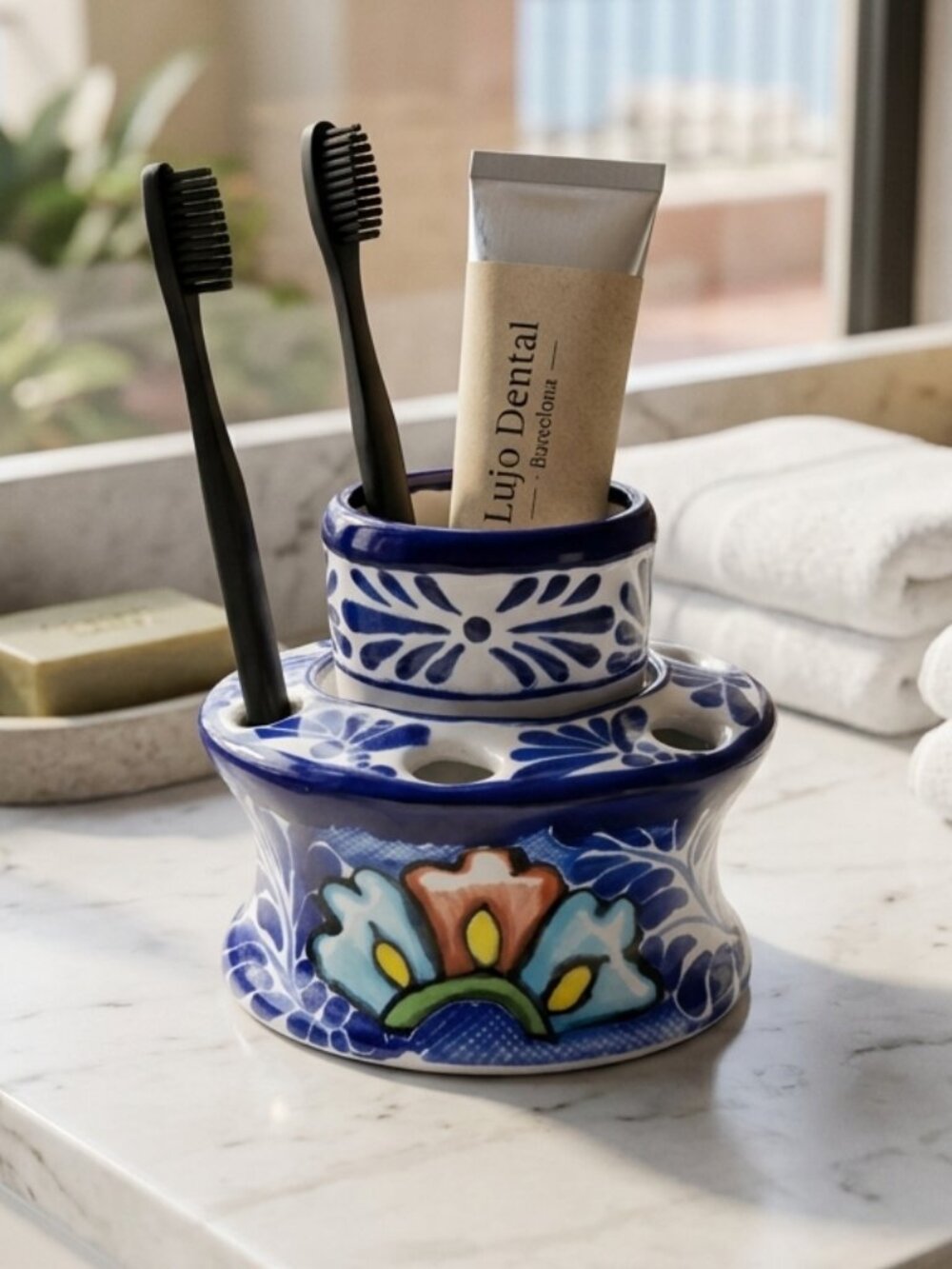 Talavera Zepeda Hand-Painted Ceramic Toothbrush Holder & Cup